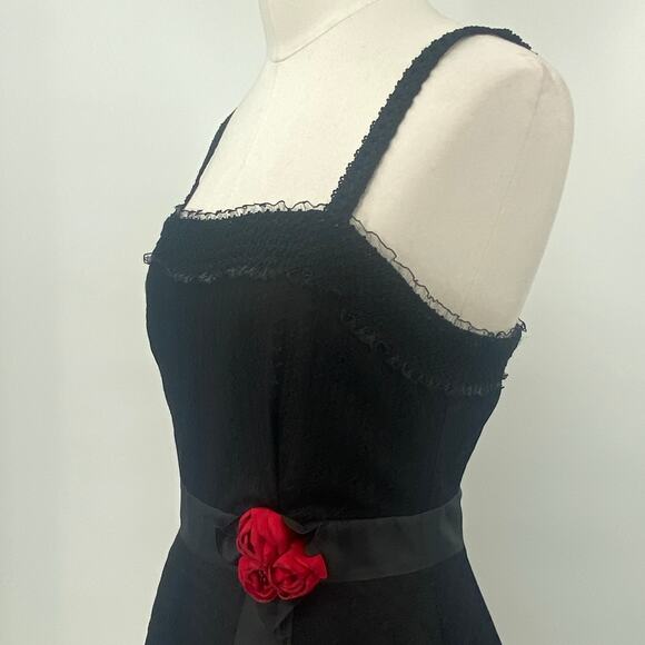 Unique Vintage Lace Fit & Flare Midi Dress Rosette Satin Waist Black Red Small - Picture 6 of 10